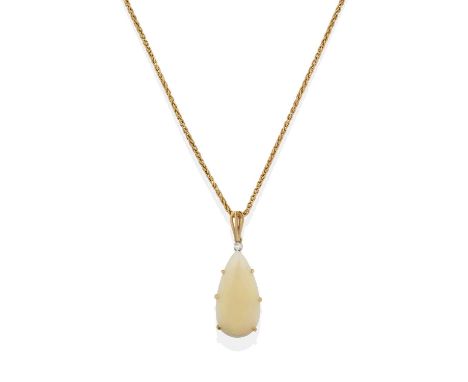 the pear shaped cabochon opal surmounted by a round brilliant cut diamond, in yellow claw settings, suspended from a plain po