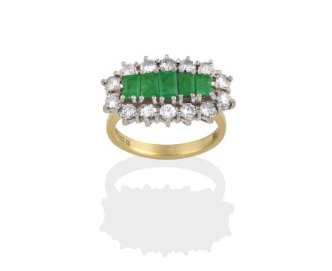 five graduated step-cut emeralds within a border of round brilliant cut diamonds, in white claw settings, to a yellow tapered