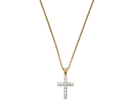 the cross motif set throughout with round brilliant cut diamonds in white claw settings, suspended from a yellow plain polish
