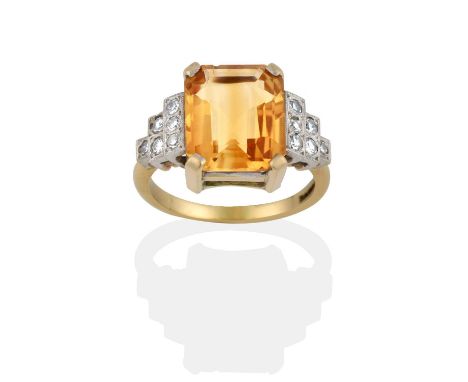 the emerald-cut citrine in a yellow four claw setting, to eight-cut diamond set stepped shoulders in white millegrain setting