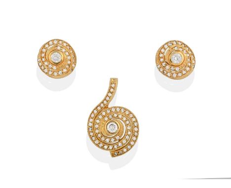 realistically modelled as swirls, set throughout with round brilliant cut diamonds, in yellow rubbed over and millegrain sett