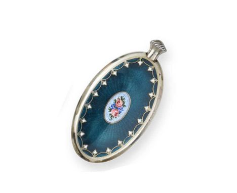 oval, each side enamelled in dark green over an engine-turned ground, with a central oval plaque on each side enamelled with 