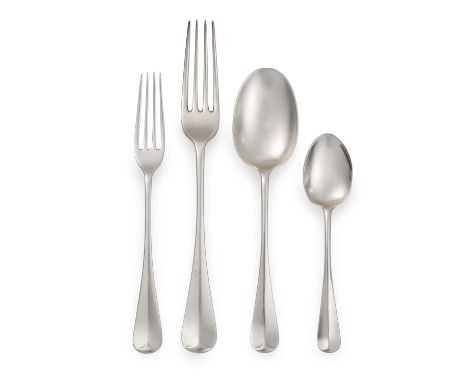 Hanoverian pattern with rat-tail, engraved with an initial, comprising:12 table-forks12 dessert-spoons12 dessert-forks6 teasp
