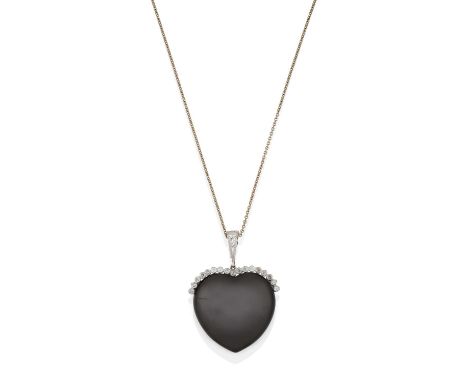 the onyx heart shaped motif surmounted by a row of eight-cut and round brilliant cut diamonds in rubbed over settings, suspen