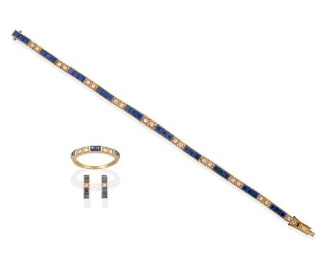 each comprising of calibré cut sapphires alternating with round brilliant cut diamonds, in yellow square settings, total esti