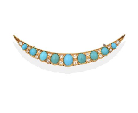 set throughout with graduated oval cabochon turquoise spaced by pairs of old cut diamonds, in yellow claw settings, total est