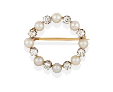 the circular frame composed of cultured pearls alternating with old cut diamonds, in white claw settings, total estimated dia