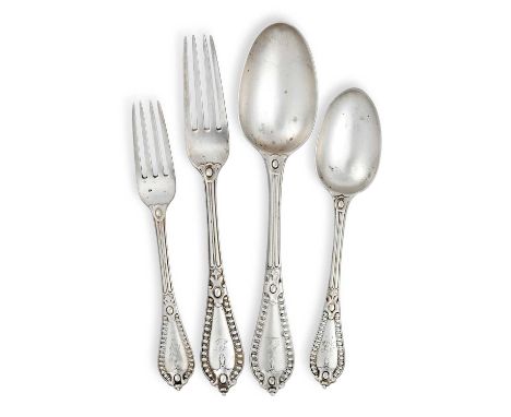 Grecian pattern, engraved with a crest or initials, comprising: 4 table-spoons9 table-forks5 dessert-spoons9 dessert-forksA s