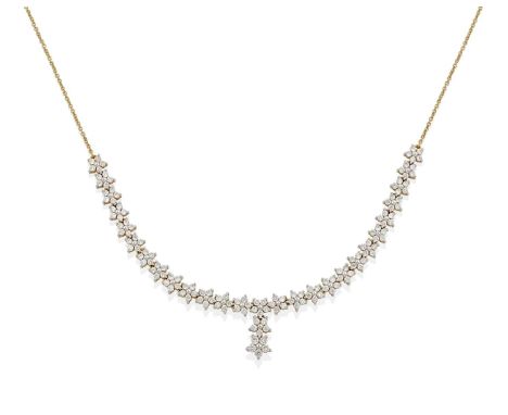 twenty-seven clusters formed of round brilliant cut diamonds, with a central drop of two similarly set clusters, in white cla