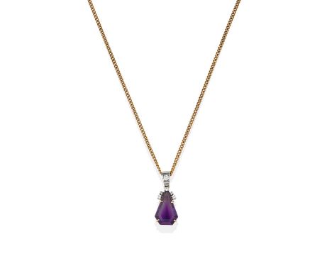 the fancy step-cut amethyst in a yellow claw setting, surmounted by five round brilliant cut diamonds in white claw settings,