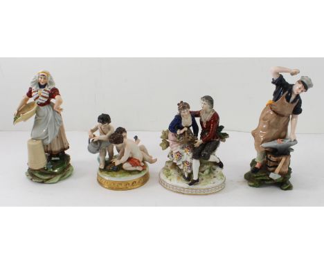 Four pieces: 1. a pair of hand-decorated early 20th century continental porcelain models 'The Blacksmith' (4648 - 7) (21.5 cm