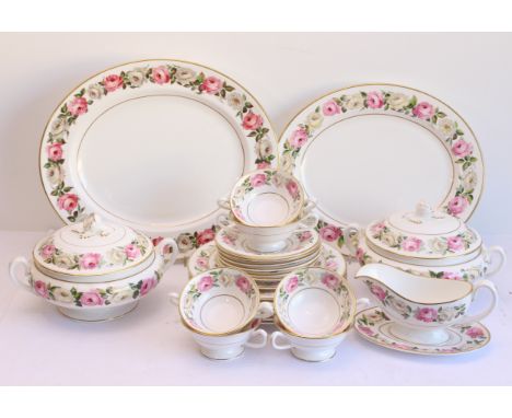 A Royal Worcester 'Royal Garden Elgar' bone china dinner service: 7 x 27 cm and 1 x 20 cm plates; 6 x two-handled soup bowls 