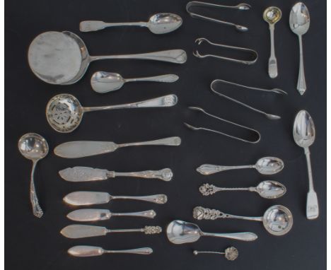 A collection of silver flatware: 19th and 20th century, including a Georgian sifter ladle, rubbed London marks; a George V se