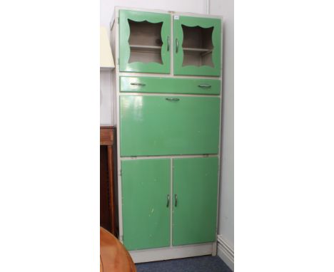 A 1950s Storite vintage retro painted kitchen pantry cabinet: the upper two-door cupboard (lacks glazing) with a half-depth s