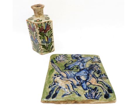A  Persian pottery bottle jar and a Persian tile: 1. the pentagonal bottle jar in early 18th century style (probably 19th cen