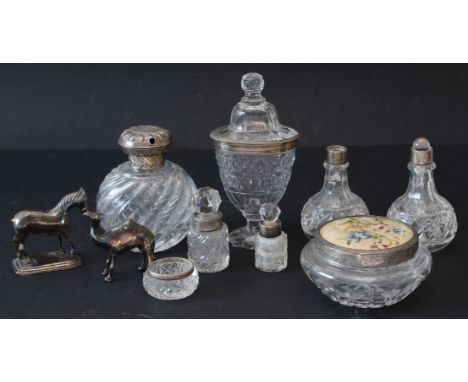 Six early 20th century silver-mounted cut glass dressing-table accessories and four other pieces: a powder bowl, William Gree