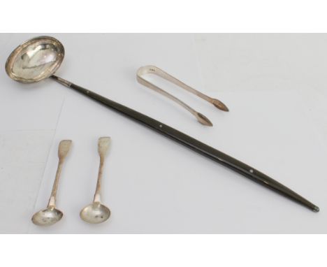 Four pieces of hallmarked silver: 1. an 18th century silver toddy ladle: the oval bowl with four similar impressed marks to t