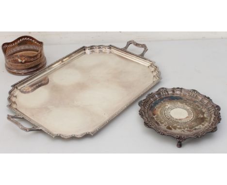 Three pieces of silver plate: 1. a fine quality early 20th century two-handled heavy serving tray with Celtic design cast bor