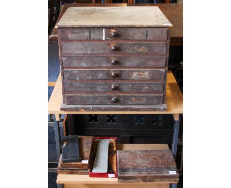 A&nbsp; late 19th/early 20th century stained pine six-drawer engineer's chest containing precision engineering tools to inclu