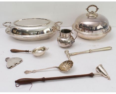 Eight pieces of silver and silver-plated ware:  a modern silver candle-snuffer with turned wooden handle, J. B. Chatterley & 