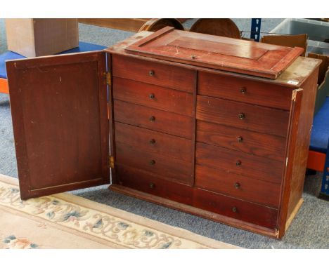 A large 19th century stained wood 11-drawer tool chest containing a variety of engineer's tools including a larger variety of