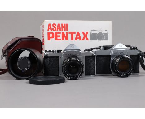 Two Asahi Pentax SLR Cameras,  a Pentax SP 500, serial no 3256632, body VG, shutter working, meter untested, a Super-Takumar 