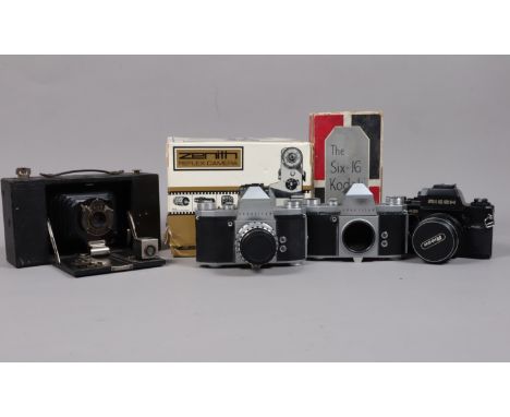 A Tray of SLR and Other Cameras, comprising a Ricoh TLS 401 with switchable rear or top eyepiece viewfinder and an Auto Riken