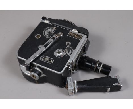 A Bolex H16 Cine Camera, motor runs, body F, paint wear, some bumps to leatherette, scratches to edges, with Dallmeyer Popula