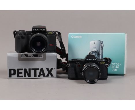 Pentax Cameras and Lenses, including a Pentax P30 SLR body with maker's box, shutter working, an SMC Pentax-A 35-70mm f/3.5-4