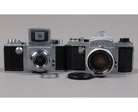 Two Early Asahi SLR Cameras, comprising an Asahiflex IIA, serial no 77203, body VG, shutter and winder jammed, an Asahi-Kogak