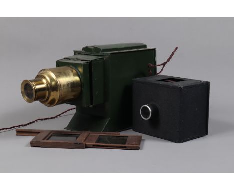 A Butcher's Boy's Own Magic Lantern, green painted tinplate body, Ensign 240V 100W lamp, with condenser and brass projection 