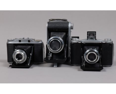 Agfa and Ensign Folding Cameras, comprising an Agfa Isolette III 6 x 6cm roll film rangefinder camera, shutter working, range