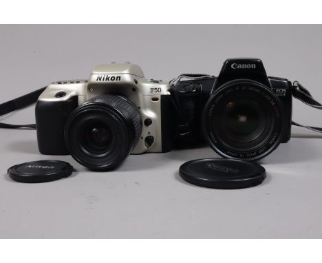 A Canon EOS 1000F and a Nikon F50 SLR Cameras, EOS, serial no 3937523, body VG, shutter working, meter reacts to light, a Can