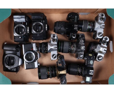 A Tray of SLR Cameras, including a Fujica ST 605N, a Cosina PM-1, a Chinon Singlex TLS, all shutters fire, all with lenses, a