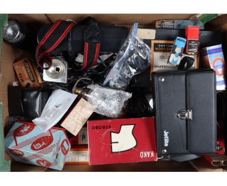 A Tray of Flash and Lighting Accessories, including a Pistol Flashmeter magnesium ribbon holder, an Optex 50W 6V portable flo