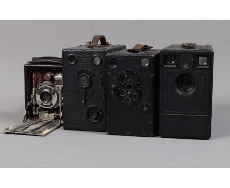 Falling Plate Box Cameras, comprising a Butcher's Midg No 0 falling plate magazine box camera, another Midg camera with half 