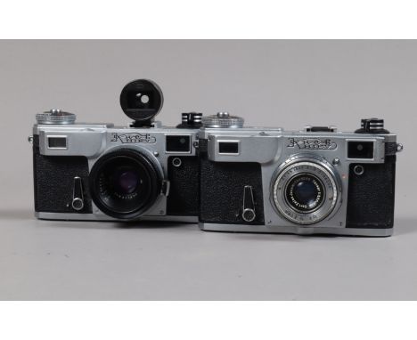 Two Kiev 4AM Cameras, one with Jupiter 35mm f/2.8 lens, barrel G-VG, elements VG, with 3.5cm finder, with keeper for lens &am