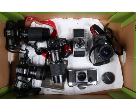 Various SLR Cameras, comprising a Pentax A3 SLR with a Takumar-A Zoom 28-80mm f/3.5-4.5 lens, a Pentax AF200SA flashgun, a Ca