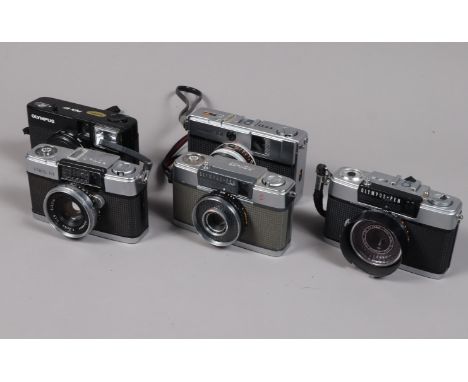 Five  Olympus Pen Half Frame Cameras, a Pen EF, shutter working, aperture preview functions, red pop up flag not functioning,