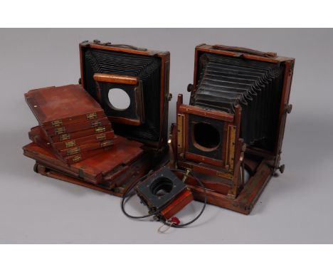 Two Half Plate Mahogany &amp; Brass Field Cameras, incomplete, one has BRITISH MADE engravings on the bottom of the front sta