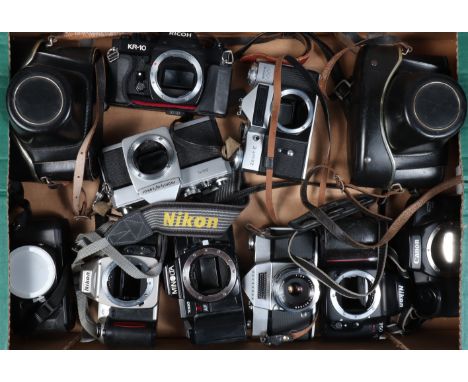 A Tray of SLR Bodies, comprising a Canon EOS 750, a Mamiya Korvette with lens, a Mamiya Sekor 500TL, a Minolta 7000, a Nikon 