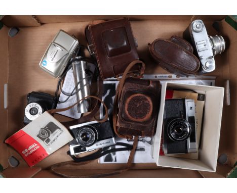 A Tray of Compact Film Cameras, comprising an Altissa Altix-n, a Finetta 88, a Minolta A5 rangefinder camera in maker's box, 