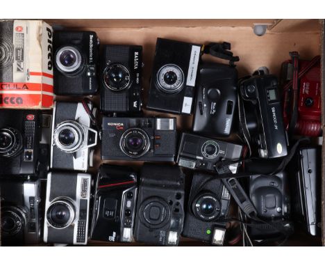 A Tray of Compact Cameras, including a Konica C35, a Canon Sure Shot Ace, a Praktica SA90, a Minolta AF Zoom 65, a Fujica Com