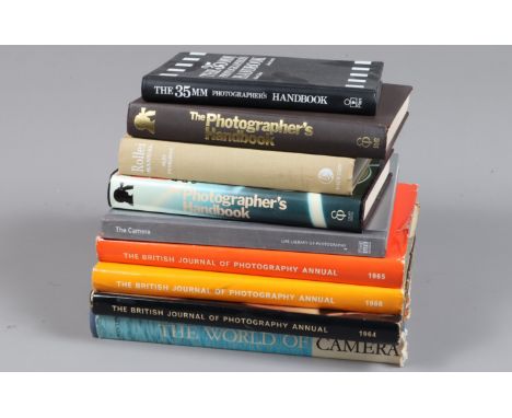 Photographic Books, including a Rollei Manual (3rd edition 1957), two copies of The Photographers Handbook, three BJP annuals