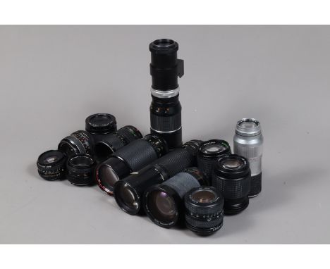 A Group of Camera Lenses, including a Leitz Elmar 135mm f/4, a Canon 300mm f/5.6 FD, other lenses by Tamron, Vivitar and othe