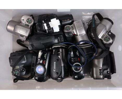 A Tray of Bridge Cameras, including an Olympus IS-3DLX, IS-21, IS-100, IS-200 (2), a Canon Epoca (2), Epoca 135 and two Minol