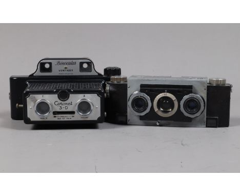 A David White Stereo Realist 1041 Camera, for 35mm film, serial no A0879, shutter working, hinged lens cover missing, Ilex Pa