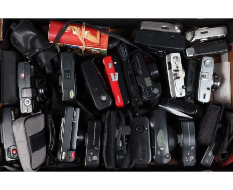 A Tray of Compact Cameras, manufacturers include Olympus, Pentax, Kodak, Canon Ixus and other examples