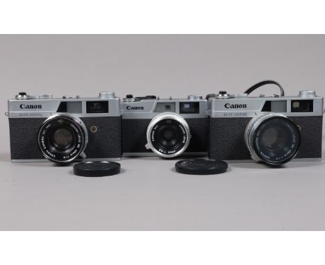 Three Canon Canonet 35mm Rangefinder Cameras, comprising a Canonet QL17, shutter working on manual, auto untested, aperture s