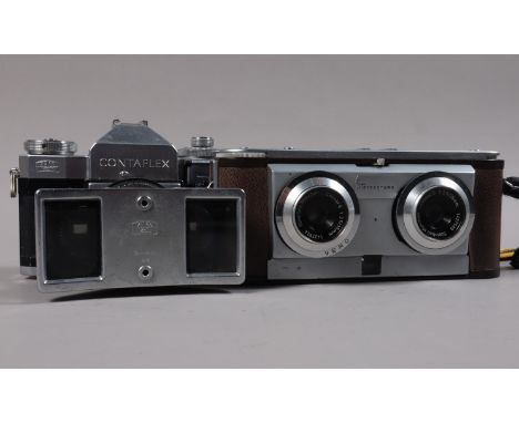 A Zeiss Ikon Contaflex and Iloca Stereo Cameras, comprising a Contaflex II SLR camera, shutter sticking at slow speeds, meter